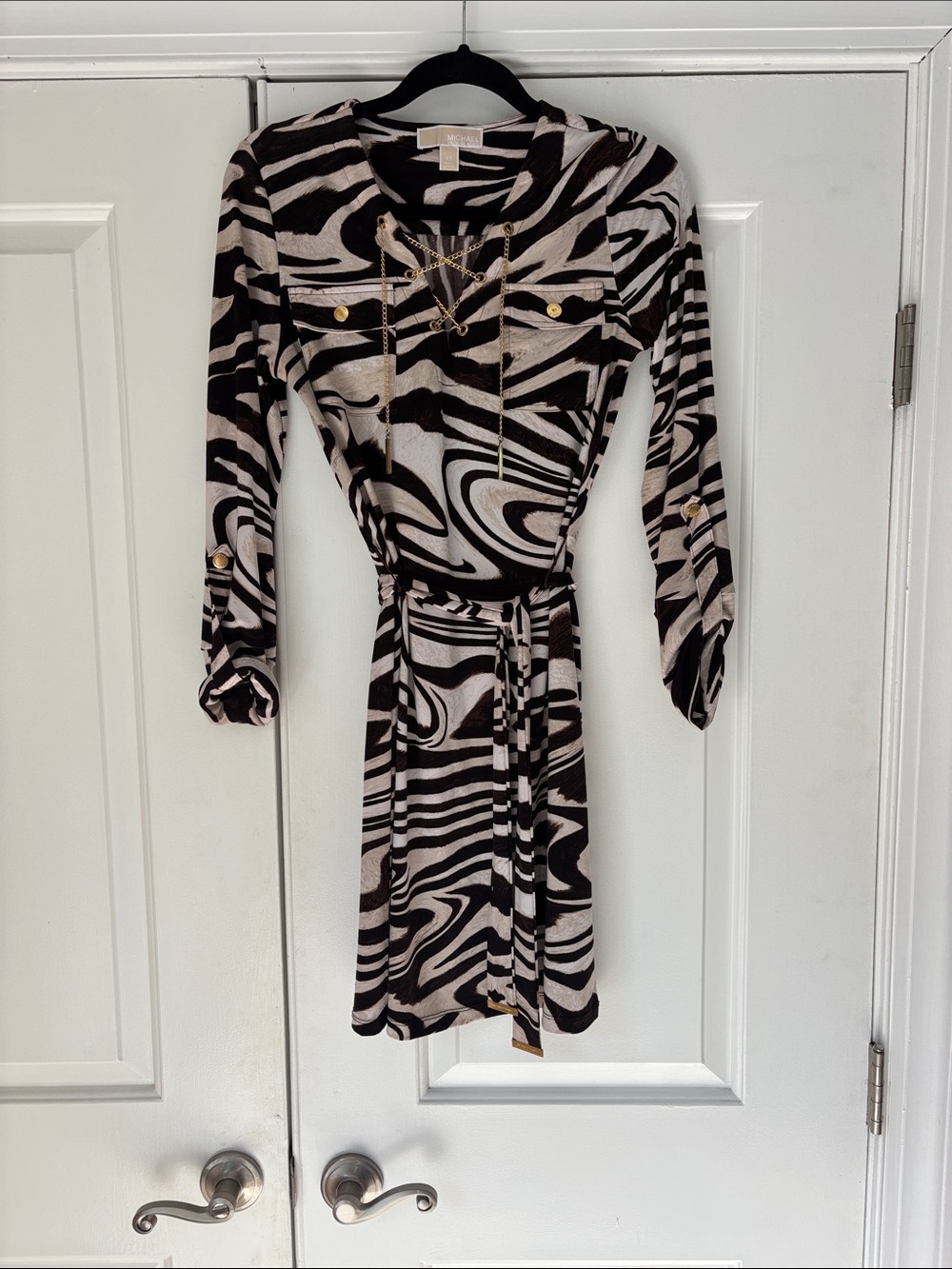 Michael Kors Black & Cream Long Sleeve Belted Print Dress